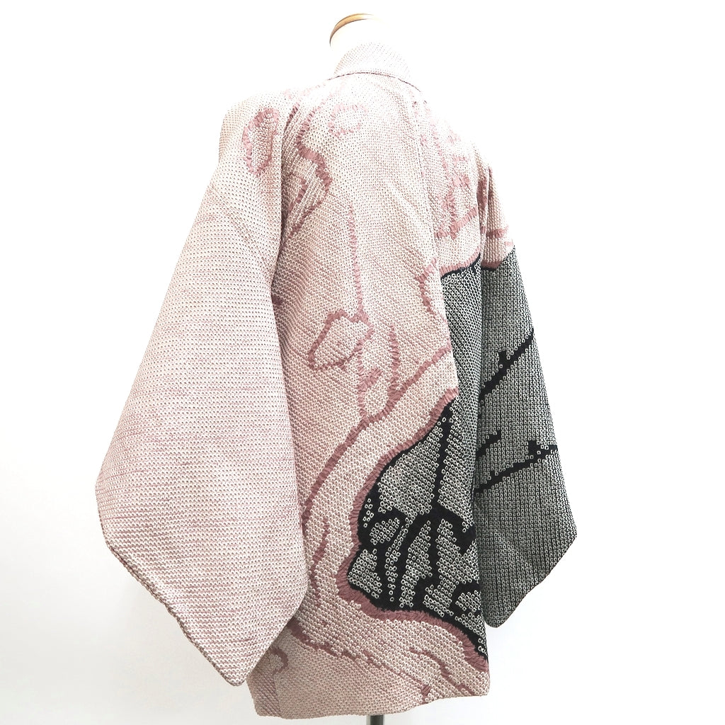 Haori Jacket Vintage(1950-1980) Black Pink Shibori Plum blossom Branch Silk #10049C5