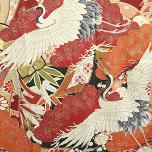 Furisode Vintage(1920-1950) Black Crane Birds Silk #9952Z1