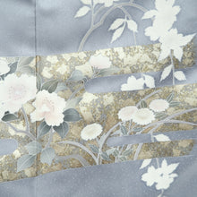 Load image into Gallery viewer, Kimono Blueish Gray Cherry Blossom Chrysanthemum Tall Silk #9933B5
