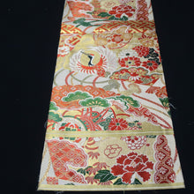 Load image into Gallery viewer, BB10032AC Silk Obi Fabric Vintage(1920-1950) Crane Birds Red Green 76.0x11.4in(193x29cm)
