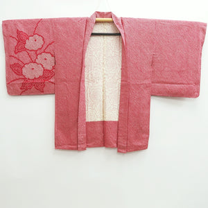 Haori Jacket Vintage(1950-1980) Red Shibori Peony Silk #10064D1
