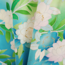 Load image into Gallery viewer, Furisode Pale Yellow Green Light Blue Peacock Tall Silk #10551B4
