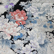 Load image into Gallery viewer, KK1418B8 Silk Kimono Fabric Vintage(1950-1980) Peony Black 66.5x14.2in(169x36cm)
