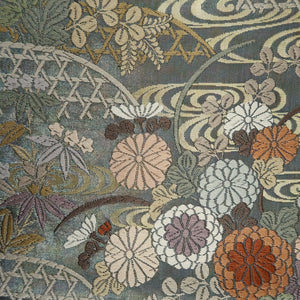 Fukuro Obi Silver Gold Chrysanthemum Peony Silk BB300V7