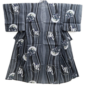 Men's Yukata Black Gray Fujin Raijin Wind God Thunder God Cotton #10359F3
