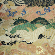 Load image into Gallery viewer, Maru Obi Vintage(1920-1950) Beige Gold Green Crane Birds Pine Tree Silk BB280V6
