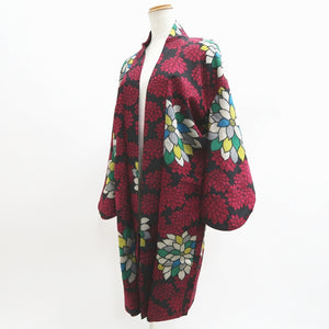 Haori Jacket Vintage(1920-1950) Black Red Meisen Chrysanthemum Long Silk #9632J1
