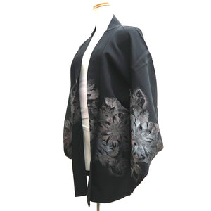 Haori Jacket Vintage(1950-1980) Black Silver Flower Silk #10124D3