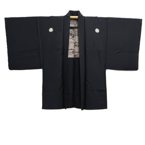 Men's Haori Vintage(1950-1980) Black Montsuki Landscape Silk #10436A3