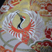 Load image into Gallery viewer, BB10032AC Silk Obi Fabric Vintage(1920-1950) Crane Birds Red Green 76.0x11.4in(193x29cm)
