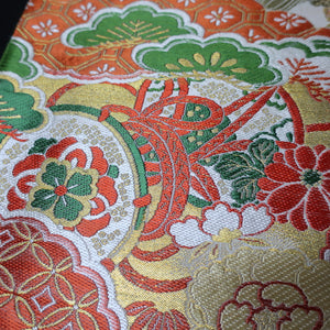BB10032AC Silk Obi Fabric Vintage(1920-1950) Crane Birds Red Green 76.0x11.4in(193x29cm)