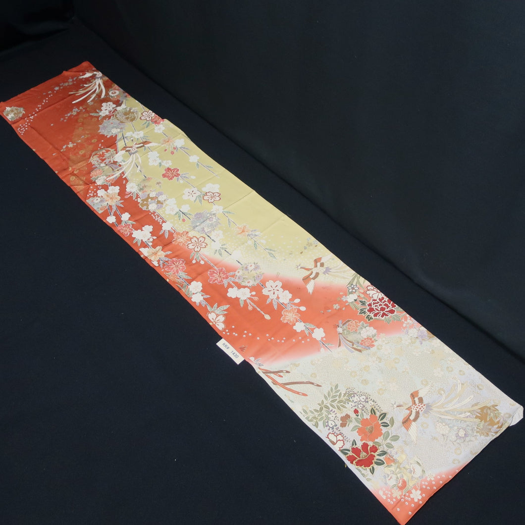 KK1430A1 Silk Kimono Fabric Vintage(1950-1980) Phoenix Yellow brown 66.5x13.8in(169x35cm)