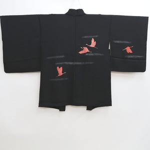 Haori Jacket Vintage(1950-1980) Black Crane Birds Silk #9989C2