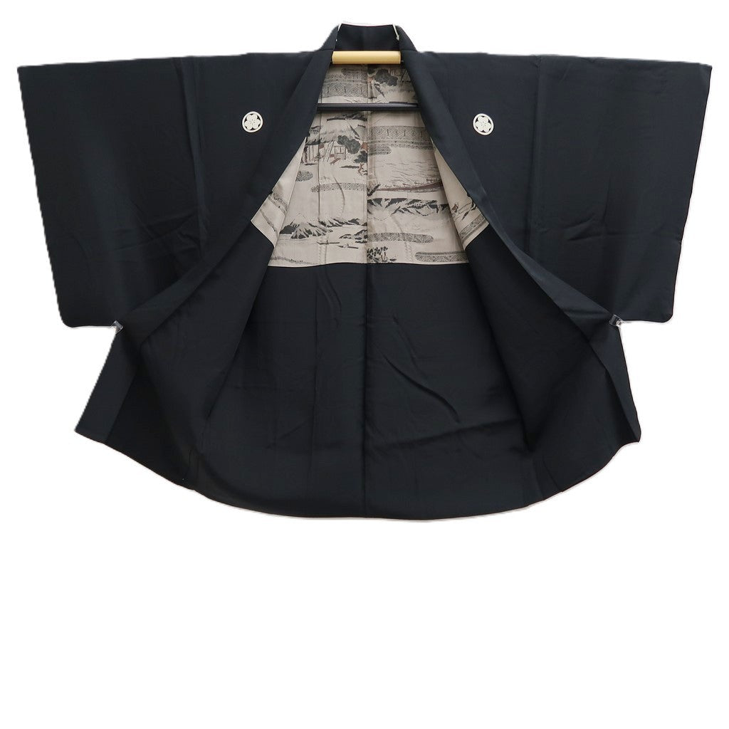Men's Haori Vintage(1950-1980) Black Montsuki Landscape Silk #10436A3