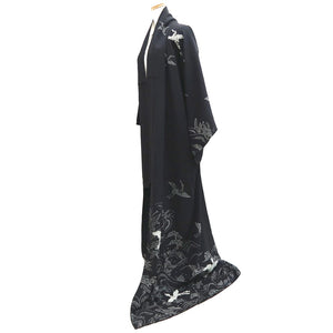 Kimono Black Crane Birds Shibori Tall Silk #9924B4