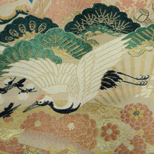 Load image into Gallery viewer, Maru Obi Vintage(1920-1950) Beige Gold Green Crane Birds Pine Tree Silk BB280V6
