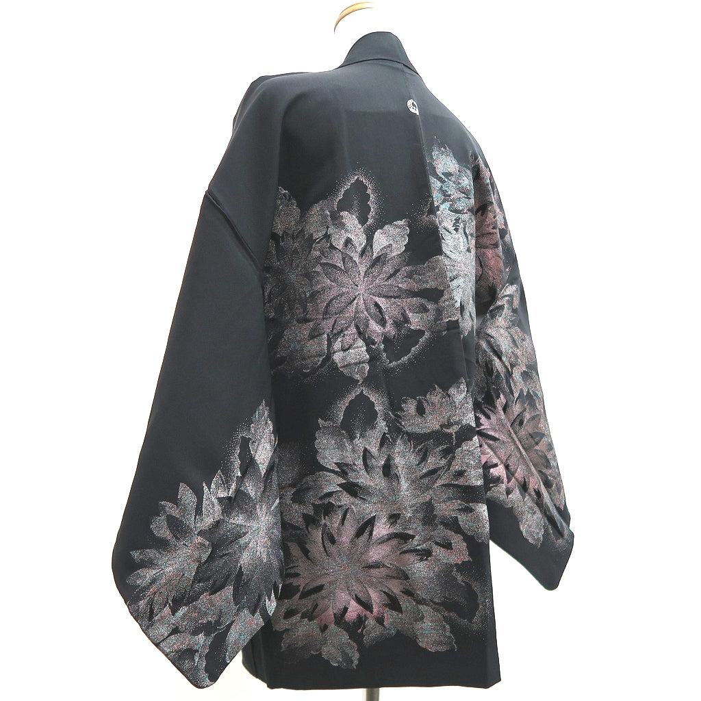 Haori Jacket Vintage(1950-1980) Black Silver Flower Silk #10124D3