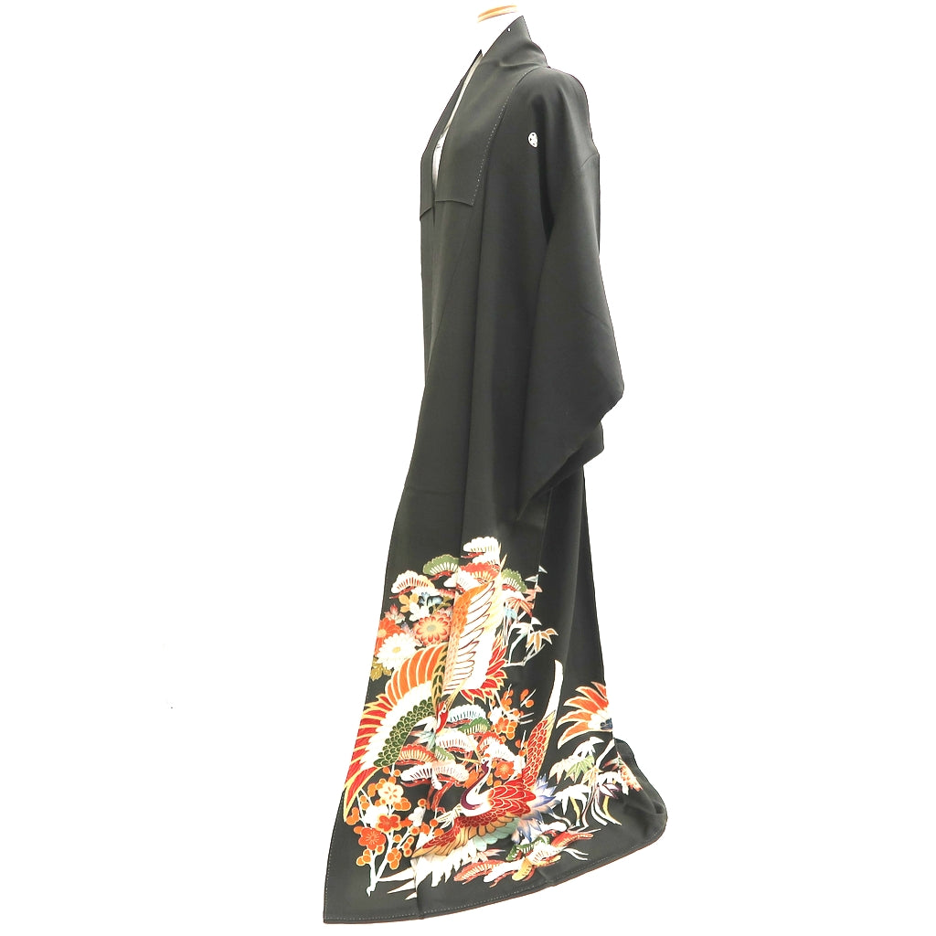 Tomesode Vintage(1920-1950) Black Hand painted Crane Birds Silk #10402A1