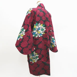 Haori Jacket Vintage(1920-1950) Black Red Meisen Chrysanthemum Long Silk #9632J1