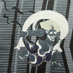 Men's Yukata Black Gray Fujin Raijin Wind God Thunder God Cotton #10359F3