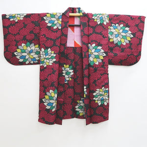 Haori Jacket Vintage(1920-1950) Black Red Meisen Chrysanthemum Long Silk #9632J1
