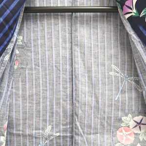 Yukata Black Blue Dragonfly Asagao Cotton #10344F3