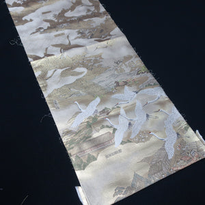 BB10002AB Silk Obi Fabric Crane Birds Gold 68.9x11.0in(175x28cm)