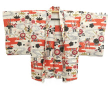 Load image into Gallery viewer, Haori Jacket Vintage(1920-1950) White Vermillion Meisen Floral pattern Silk #11031A2
