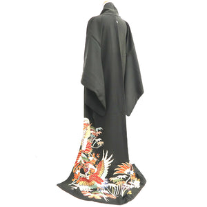 Tomesode Vintage(1920-1950) Black Hand painted Crane Birds Silk #10402A1