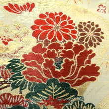 Load image into Gallery viewer, Maru Obi Vintage(1920-1950) Beige Gold Red Crane Birds Chrysanthemum Silk BB290V7
