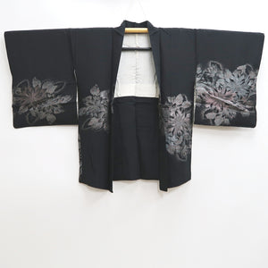 Haori Jacket Vintage(1950-1980) Black Silver Flower Silk #10124D3
