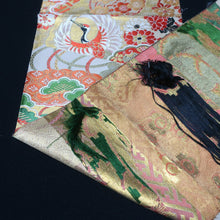 Load image into Gallery viewer, BB10032AC Silk Obi Fabric Vintage(1920-1950) Crane Birds Red Green 76.0x11.4in(193x29cm)
