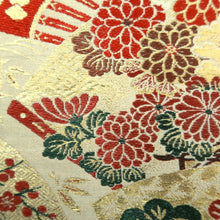 Load image into Gallery viewer, Maru Obi Vintage(1920-1950) Beige Gold Red Crane Birds Chrysanthemum Silk BB290V7
