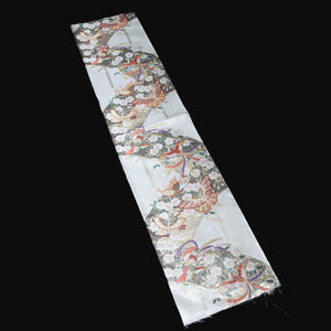 BB10063AE Silk Obi Fabric Butterfly Cherry Blossom White Gold 52.4x11.0in(133x28cm)