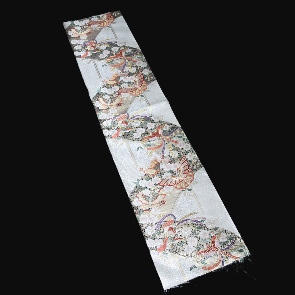 BB10063AE Silk Obi Fabric Butterfly Cherry Blossom White Gold 52.4x11.0in(133x28cm)