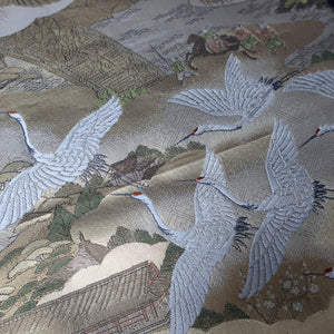 BB10002AB Silk Obi Fabric Crane Birds Gold 68.9x11.0in(175x28cm)