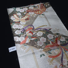 Load image into Gallery viewer, BB10063AE Silk Obi Fabric Butterfly Cherry Blossom White Gold 52.4x11.0in(133x28cm)

