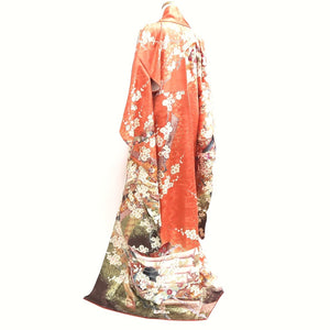 Furisode Salmon Gold Heian Princess Plum blossom Silk #9677J3