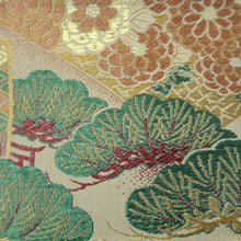 Load image into Gallery viewer, Maru Obi Vintage(1920-1950) Beige Gold Green Crane Birds Pine Tree Silk BB280V6
