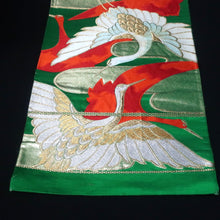 Load image into Gallery viewer, BB10093AF Silk Obi Fabric Crane Birds Green 96.5x10.6in(245x27cm)
