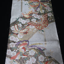 Load image into Gallery viewer, BB10063AE Silk Obi Fabric Butterfly Cherry Blossom White Gold 52.4x11.0in(133x28cm)
