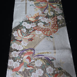 BB10063AE Silk Obi Fabric Butterfly Cherry Blossom White Gold 52.4x11.0in(133x28cm)
