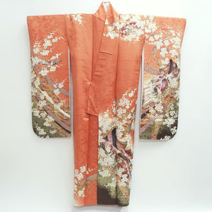 Furisode Salmon Gold Heian Princess Plum blossom Silk #9677J3