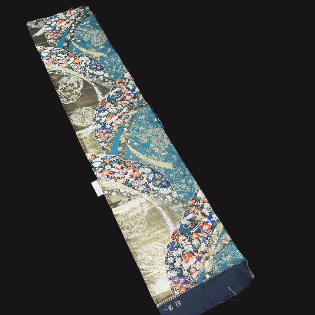 BB10003AB Silk Obi Fabric Crane Birds Cherry Blossom Gold Green 59.4x11.0in(151x28cm)