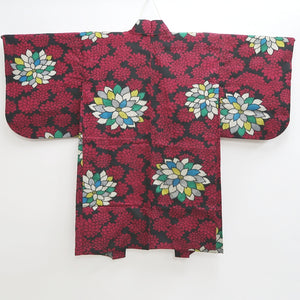 Haori Jacket Vintage(1920-1950) Black Red Meisen Chrysanthemum Long Silk #9632J1