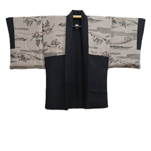 Men's Haori Vintage(1950-1980) Black Montsuki Landscape Silk #10436A3