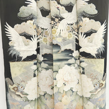 Load image into Gallery viewer, Tomesode Vintage(1920-1950) Black Crane Birds Hand painted Silk #10493B1
