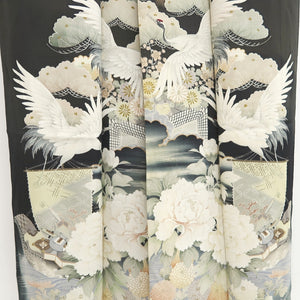 Tomesode Vintage(1920-1950) Black Crane Birds Hand painted Silk #10493B1