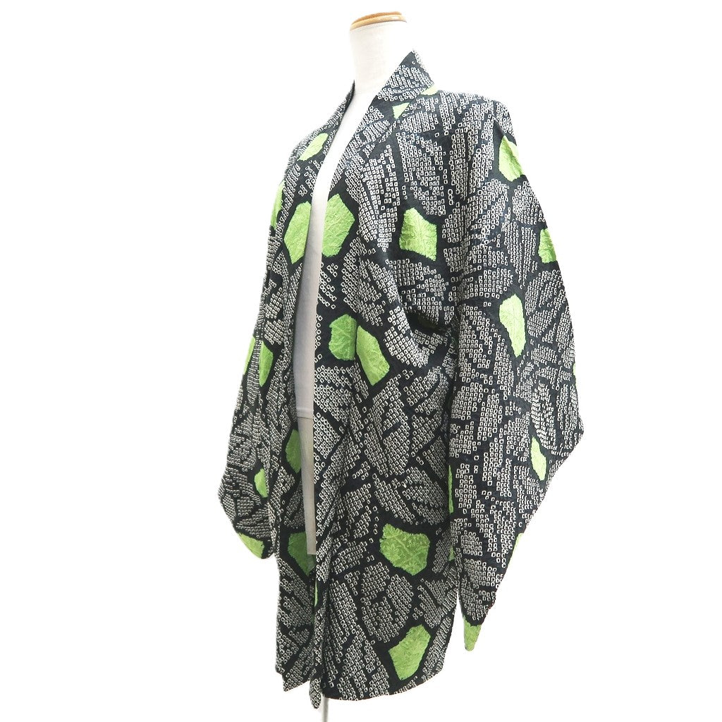 Haori Jacket Vintage(1950-1980) Black Green Shibori Leaves Silk #10581C1