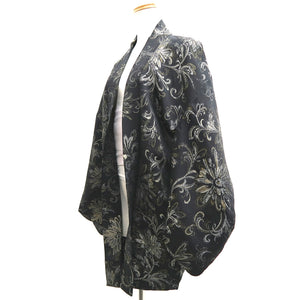 Haori Jacket Vintage(1950-1980) Black Silver Gold Flower Silk #10185D5